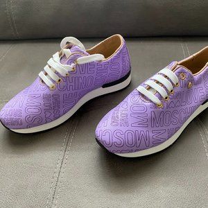 NEW Authentic Moschino Embossed Logo Leather Sneakers Purple Women Size 6